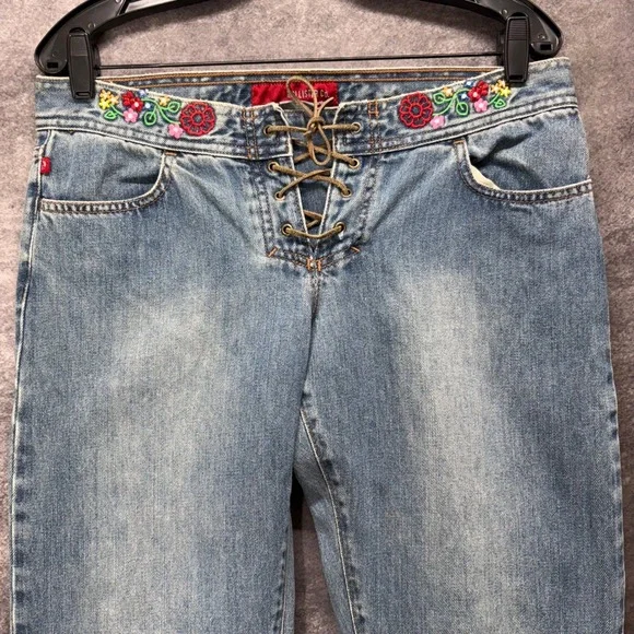 Y2K Hollister Boot Cut Flare Jeans Womens 8R Lace Up Fly Floral Embroidered RARE - Picture 2 of 16
